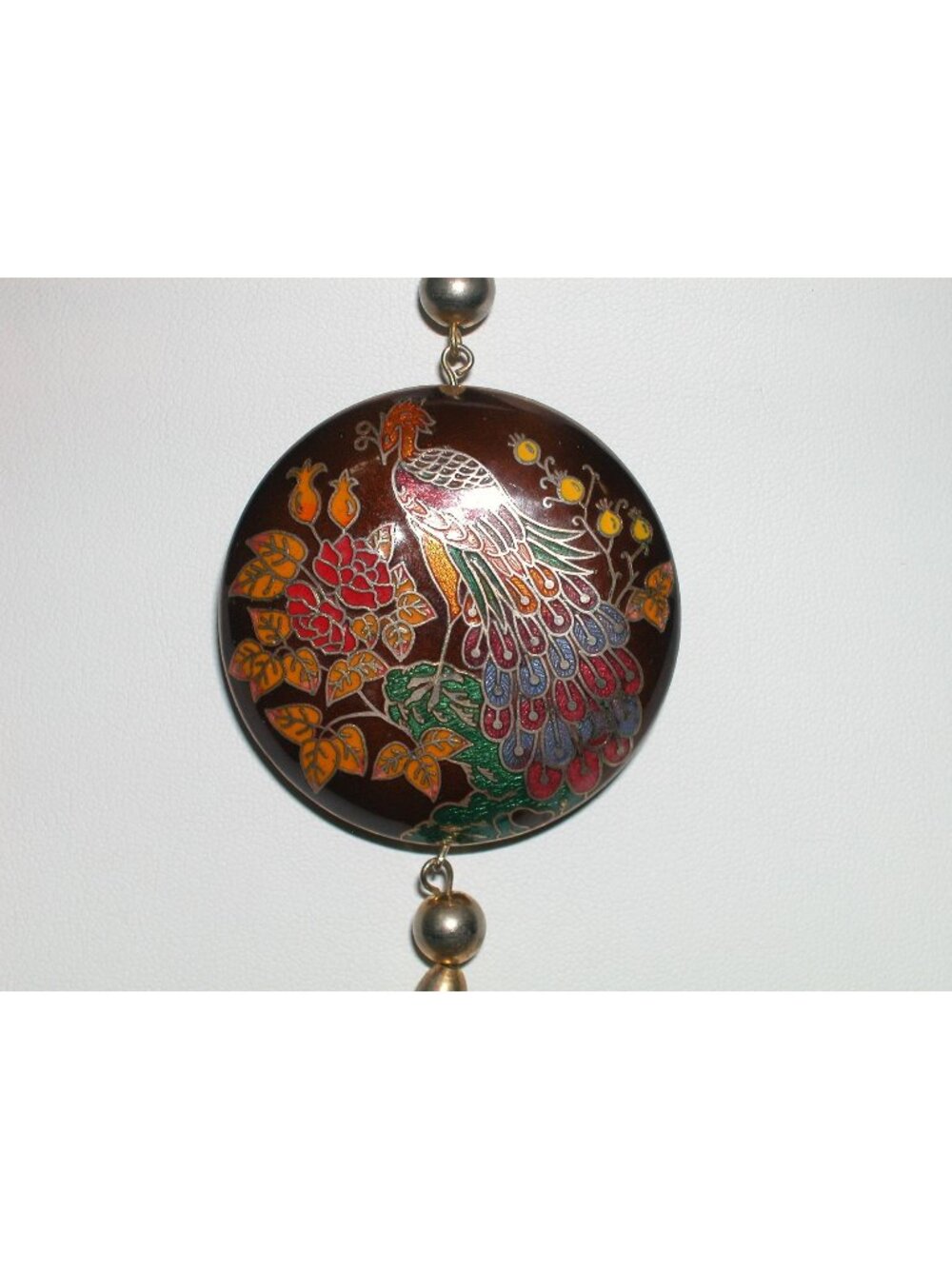 Vintage Hand-Painted Peacock Pendant Necklace With Tassel & Beaded Cord